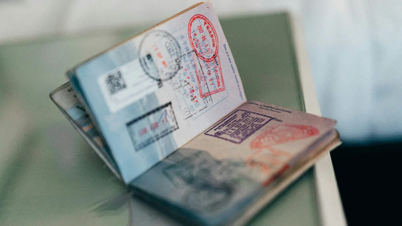 An open passport showing pages filled with coloured entry and exit stamps