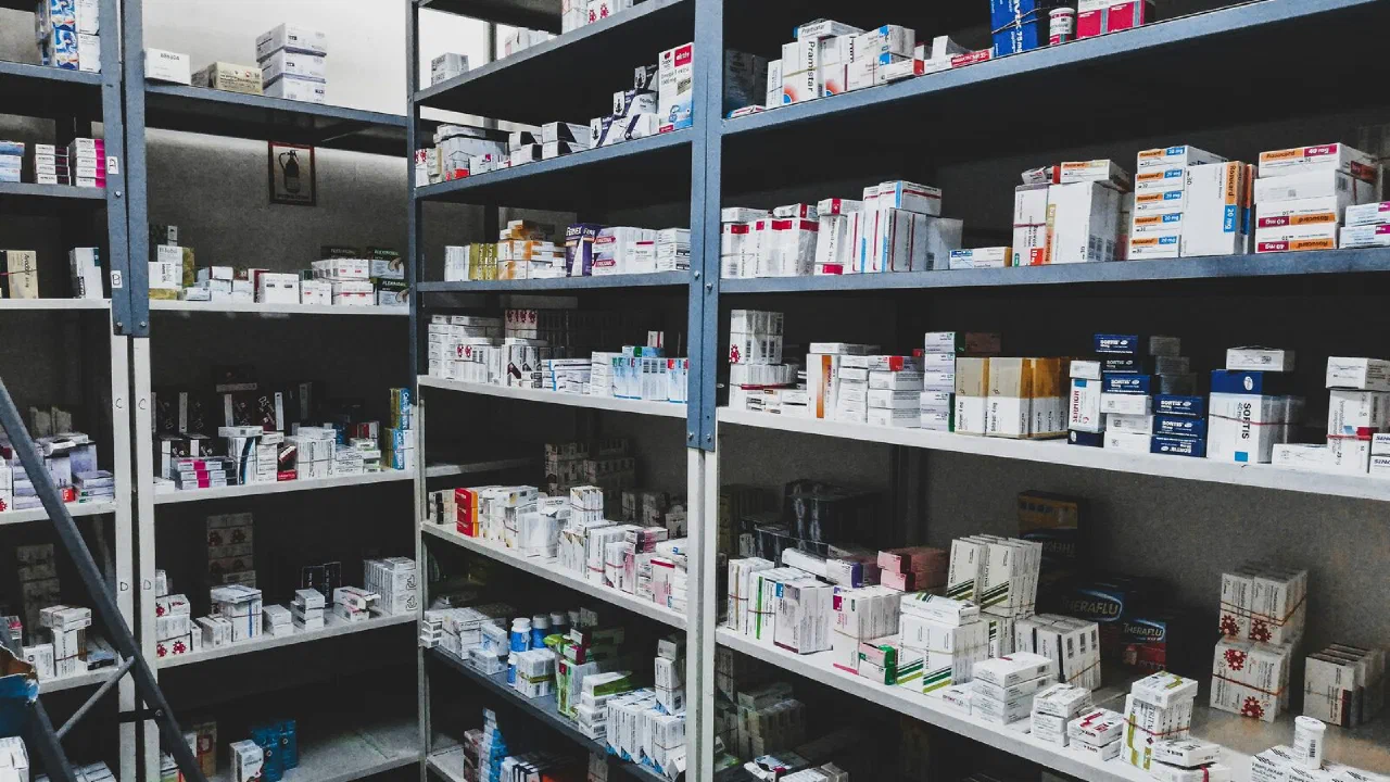 Shelves stacked with boxes in a storeroom