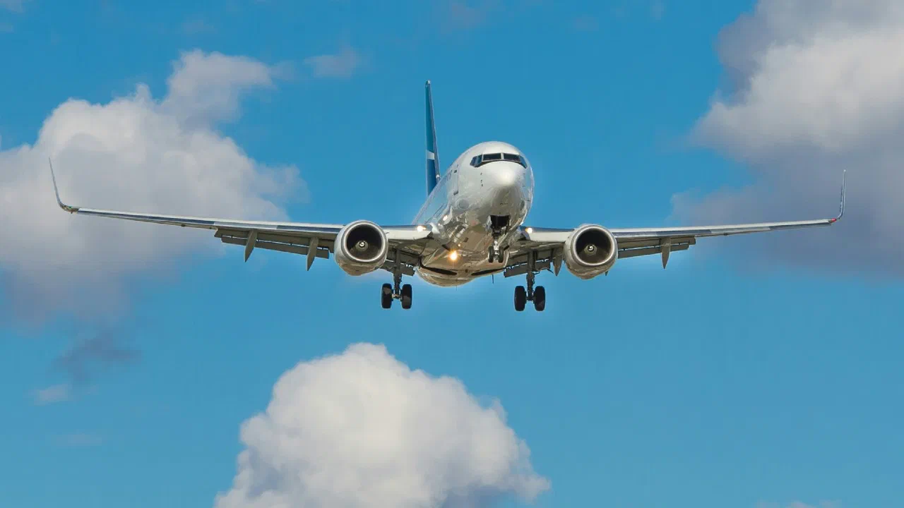 A white passenger aircraft climbing against an overcast sky