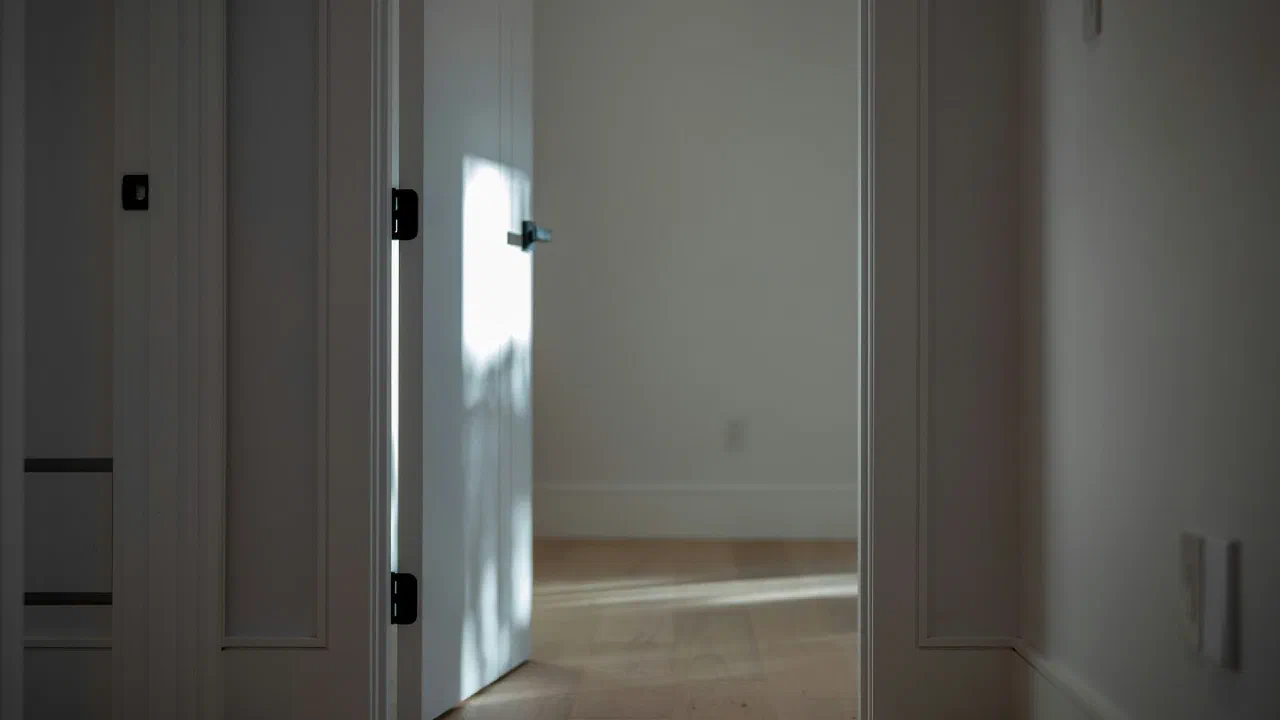 A partially open white door casting a shadow across a bare wooden floor